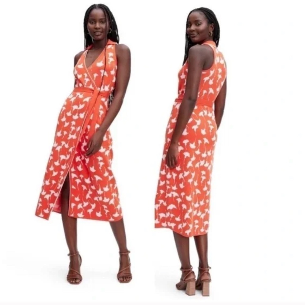 Diane Von Furstenberg Target Ginkgo Cherry Tomato Sweaterknit Wrap Midi Dress S